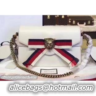 Fashion Gucci Feline Head Grosgrain Ribbon Bow Broadway Leather Chain Clutch Bag 453777/453778 White