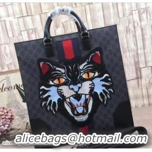 Sophisticated Gucci GG Supreme Tote Bag with Embroidered Angry Cat 478326 2017