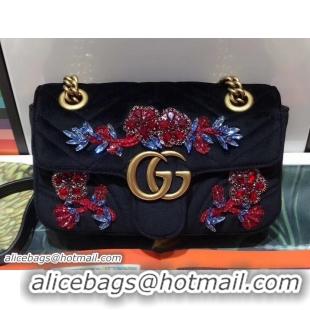 Famous Gucci GG Marmont Chevron Embroidered Crystal Bow Velvet Mini Bag 446744 Black 2017