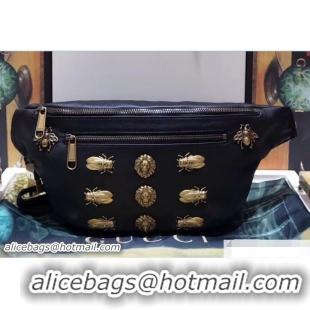 Good Quality Gucci Metal Animal Insects Studs Leather Belt Bag 484683 Black 2018