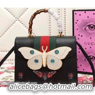 Top Design Gucci Web Moth Leather Medium Top Handle Bag 488691 Black 2018