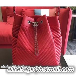 Refined Chanel Deer Leather Chevron Drawstring Bag A91277 Red