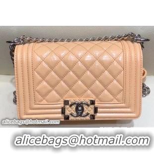 Classic Specials Chanel Small Metallic Crumpled Waxy Leather Resin Boy Flap Shoulder Bag 602013 Apricot