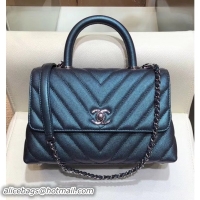 Classic Hot Chanel Chevron Grained Calfskin Small Flap Bag with Top Handle A92990 Metallic Dark Turquoise 2018