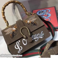 Good Looking Gucci Dionysus Leather Top Handle Medium Bag 448075 Embroidered Bee and l’aveugle Suede Khaki