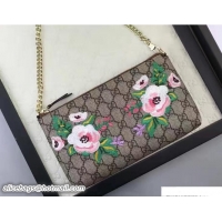 Traditional Specials Gucci Embroidered Flowers Exclusive GG Supreme Wrist Chain Wallet Bag 456866 Brown