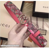Luxury Gucci Width 3.5CM Crystal Double G Buckle Blooms Print Belt G7201 01 2017