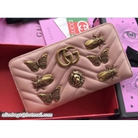 Shop Gucci GG Marmont Metal Animal Insects Studs Zip Around Wallet 443123 Nude Pink 2017