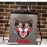 Cheap Design Gucci GG Supreme Drawstring Backpack Bag 473872 Embroidered Loved Angry Cat 2017