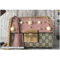 Grade Gucci Padlock Shoulder Small bag 432182 GG Supreme Pearl Studs Pink 2017