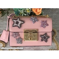 Charming Gucci Padlock Shoulder Small bag 432182 Crystal Embroidered Star Pink 2017