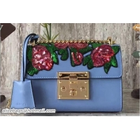 Top Design Gucci Padlock Shoulder Small bag 432182 Rose Embroidered Sequins Light Blue 2017