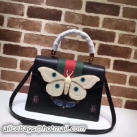 Sophisticated Gucci Leather Top Handle Bag with Moth 488691 Black