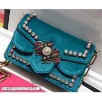 Purchase Gucci Broadway Crystals And Metal Bees Velvet Mini Bag 489218 Turquoise 2017