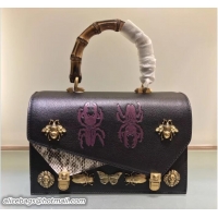 Luxury Gucci Metal Bee Insect Print Ottilia Leather Small Top Handle Bag 488715 Black 2018