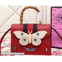 Cheap Price Gucci Web Moth Leather Medium Top Handle Bag 488691 Red 2018