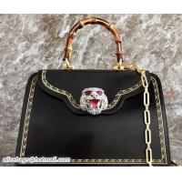 Crafted Gucci Frame Print Glossy Leather Top Handle Bag 495881 Black