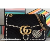 Fashionable Gucci GG Marmont Crystals Heart Velvet Chevron Medium Shoulder Bag 443496 Black 2018