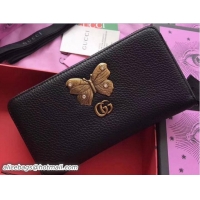 Top Quality Gucci Leather Zip Around Wallet With Butterfly 499363 Black 2018