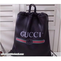 Popular Style Gucci Print Leather Vintage Logo Drawstring Backpack Bag 494053 Black 2018