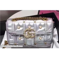Shop Gucci GG Marmont Matelassé Chevron Mini Chain Shoulder Bag 446744 Pearls Studs Silver 2017