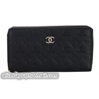 Chanel Matelasse Logo Zip Around Wallet Sheepskin Leather A2615 Black