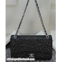 Traditional Specials Chanel Classic Flap Camellia Bag Black Sheepskin A1119 Silver