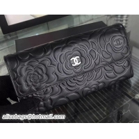 Classic Hot Chanel Camellias Bi-Fold Wallet Sheepskin Leather A88720 Black