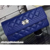 Unique Style Chanel Boy Matelasse Long Wallet Sheepskin Leather A88723 Blue