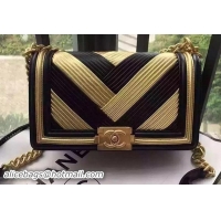 Duplicate Boy Chanel Flap Shoulder Bag Chevron Sheepskin Leather A67086 Black&Gold
