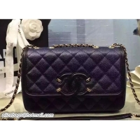 Famous Chanel Grained Calfskin CC Filigree Flap Bag A93340 Dark Blue