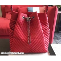 Refined Chanel Deer Leather Chevron Drawstring Bag A91277 Red