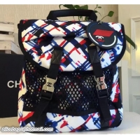 Expensive Chanel Printed Nylon and Mesh Backpack Bag 7041103 White/Blue/Red