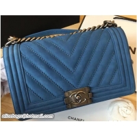 Grade Chanel Suede Chevron Boy Flap Medium Bag Light Blue Fall Winter 7041502