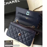 Original Cheap Chanel Lambskin Metal Wallet On Chain WOC Bag A80982 Blue