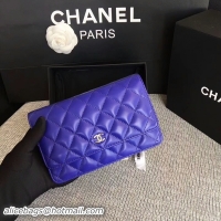 Design Discount Chanel WOC Flap Bag Blue Original Sheepskin Leather 33814 Silver