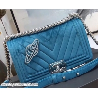 Hot Style Chanel Velvet Boy Flap Medium Bag With Strass Planet Brooch 58633 Turquoise