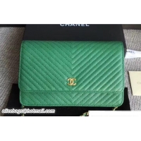 Elegant Chanel Caviar Leather Chevron Wallet On Chain WOC Bag A01185 Green