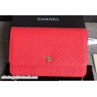 Popular Chanel Caviar Leather Chevron Wallet On Chain WOC Bag A01185 Fuchsia