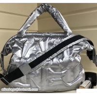 Classic Chanel Embossed Nylon Doudoune Bowling Bag A91937 Silver 2018