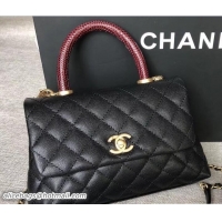 Unique Chanel Coco Lizard leather Top Handle Flap Shoulder Bag in Grained Calfskin A92991 Black