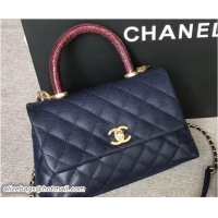 Pretty Style Chanel Coco Lizard leather Top Handle Flap Shoulder Bag in Grained Calfskin A92991 Navy Blue