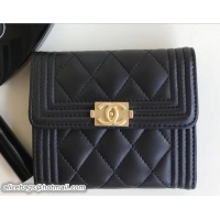 Grade Quality Chanel Gold-Tone Metal Boy Small Wallet A80734 Lambskin Black