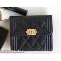 Pretty Style Chanel Gold-Tone Metal Boy Small Wallet A80734 Grained Calfskin Black