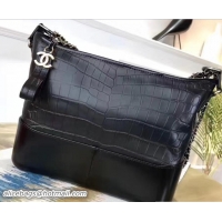 Discount Chanel Croco Pattern Gabrielle Small/Medium Hobo Bag A91810 Black 2018