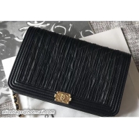 Stylish Chanel Crumpled Calfskin Coco Pleats Boy Wallet On Chain WOC Bag A70143 Black 2018
