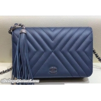 Stylish Chanel Fringe Calfskin Wallet On Chain WOC Bag A84444 Navy Blue 2018