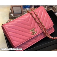 Pretty Style Chanel Lambskin Chevron Trendy CC Wallet On Chain WOC Bag A84456 Peach 2018