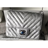 Grade Chanel Crumpled Calfskin Chevron Classic Flap Mini Bag 530019 Silver 2018