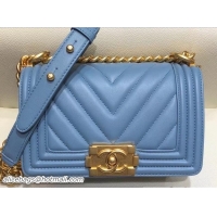 Duplicate Chanel Small Lambskin Chevron Boy Flap Shoulder Bag Denim Blue with Gold Hardware 602036